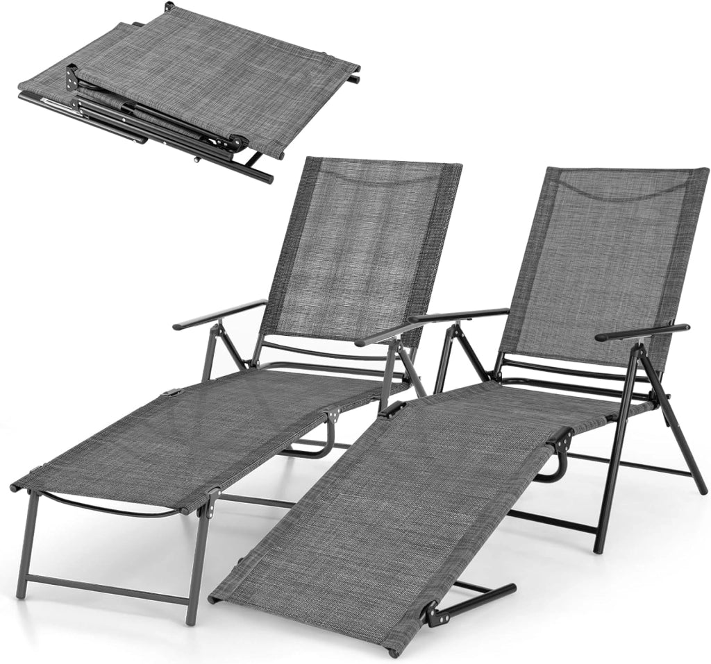Set di 2 Sedie a Sdraio Pieghevolecon Schienale Regolabile e Poggiapiedi, Capacità di Carico 150 kg, Lettino Prendisole da Giardino Ideali per Patio, Giardino e Piscina, Grigio