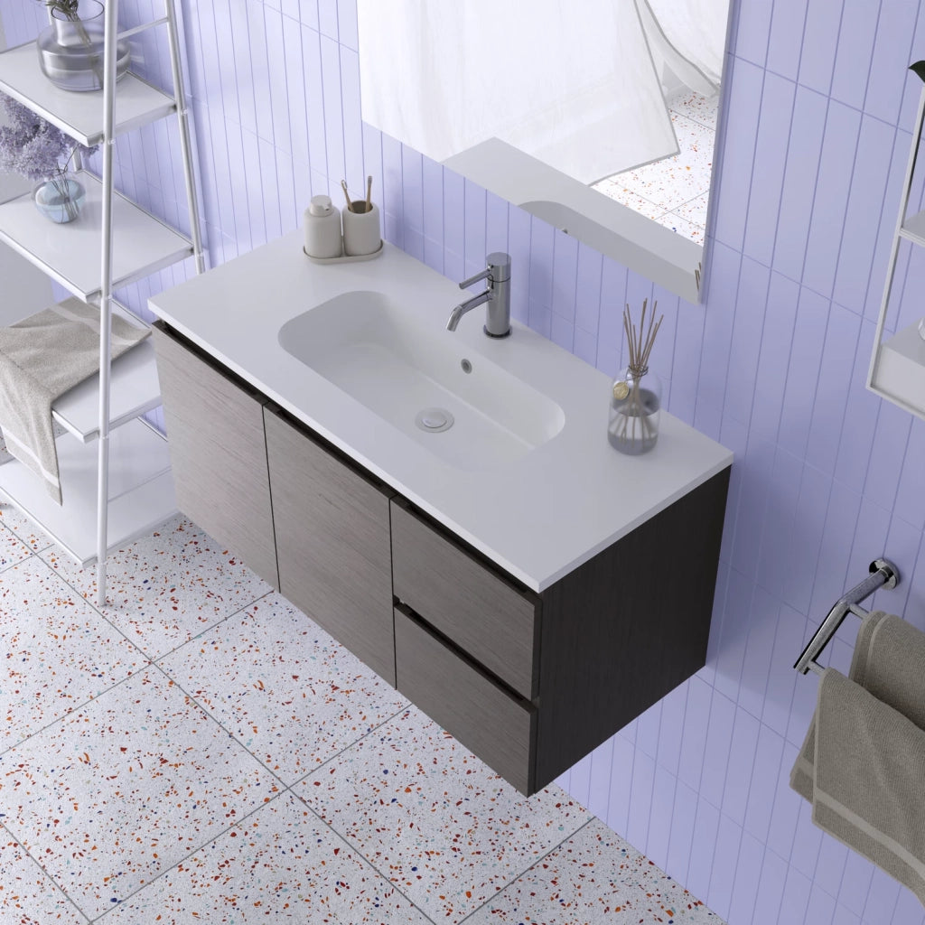 Mobile da bagno sospeso 100cm rovere scuro con lavabo e specchio | Rata