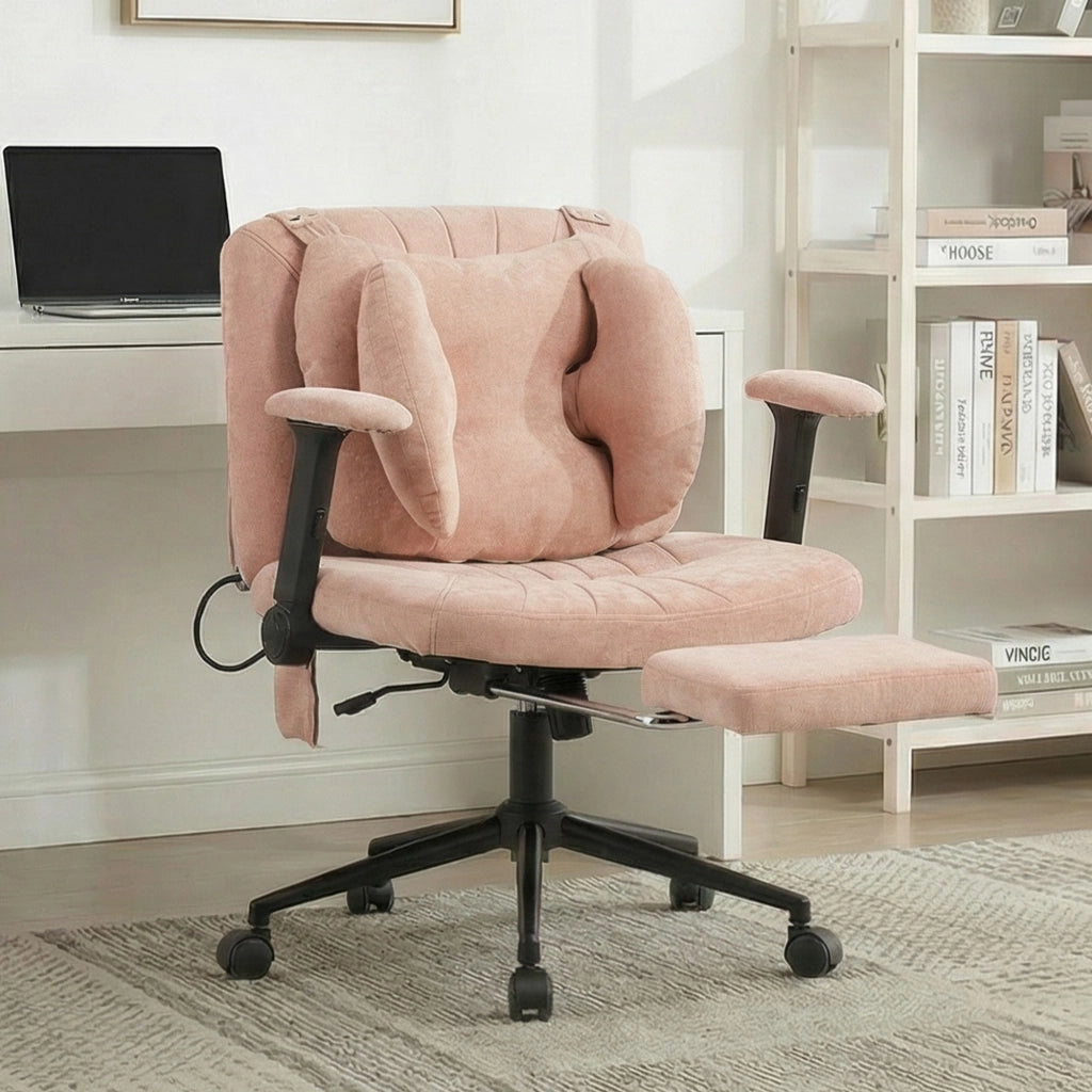 Chaise de bureau girevole in tessuto con supporto lombare gonfiabile seduta ampia base stabile e ruote silenziose rosa