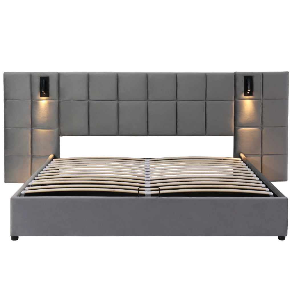 Letti contenitori 160x200 cm con contenitore e testiera con lampada regolabile e USB; acciaio; grigio (Senza materasso)