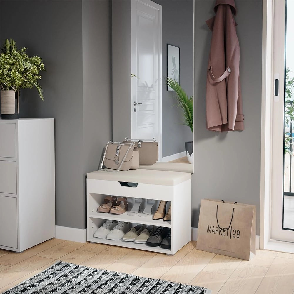 Vicco Panca scarpiera da ingresso Rolfe, Bianco, 60 x 45 cm, per la conservazione delle scarpe e compatibile con i mobili Rolfe