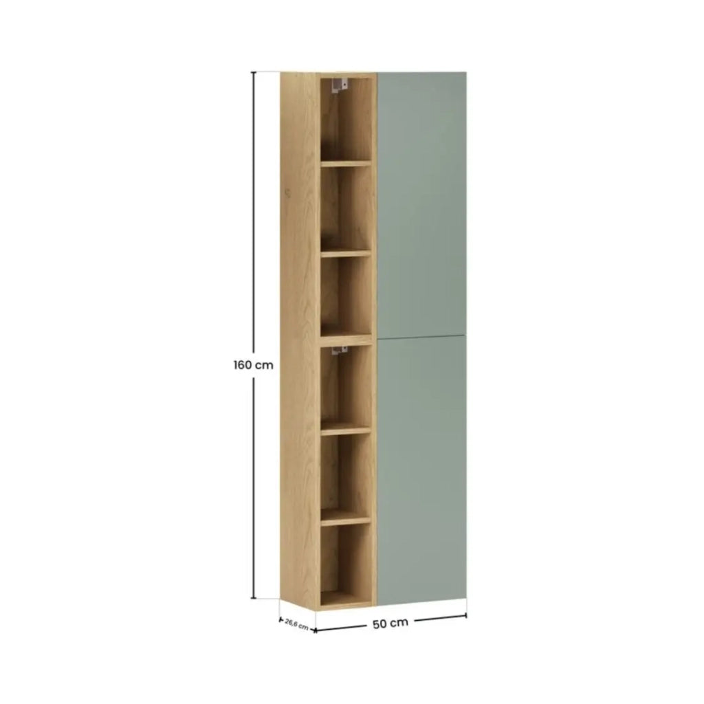 Mobili da contenimento modulari OSTER 50cm – mobili sospesi verde salvia 1 porta e 6 nicchie visibili aspetto rovere chiaro