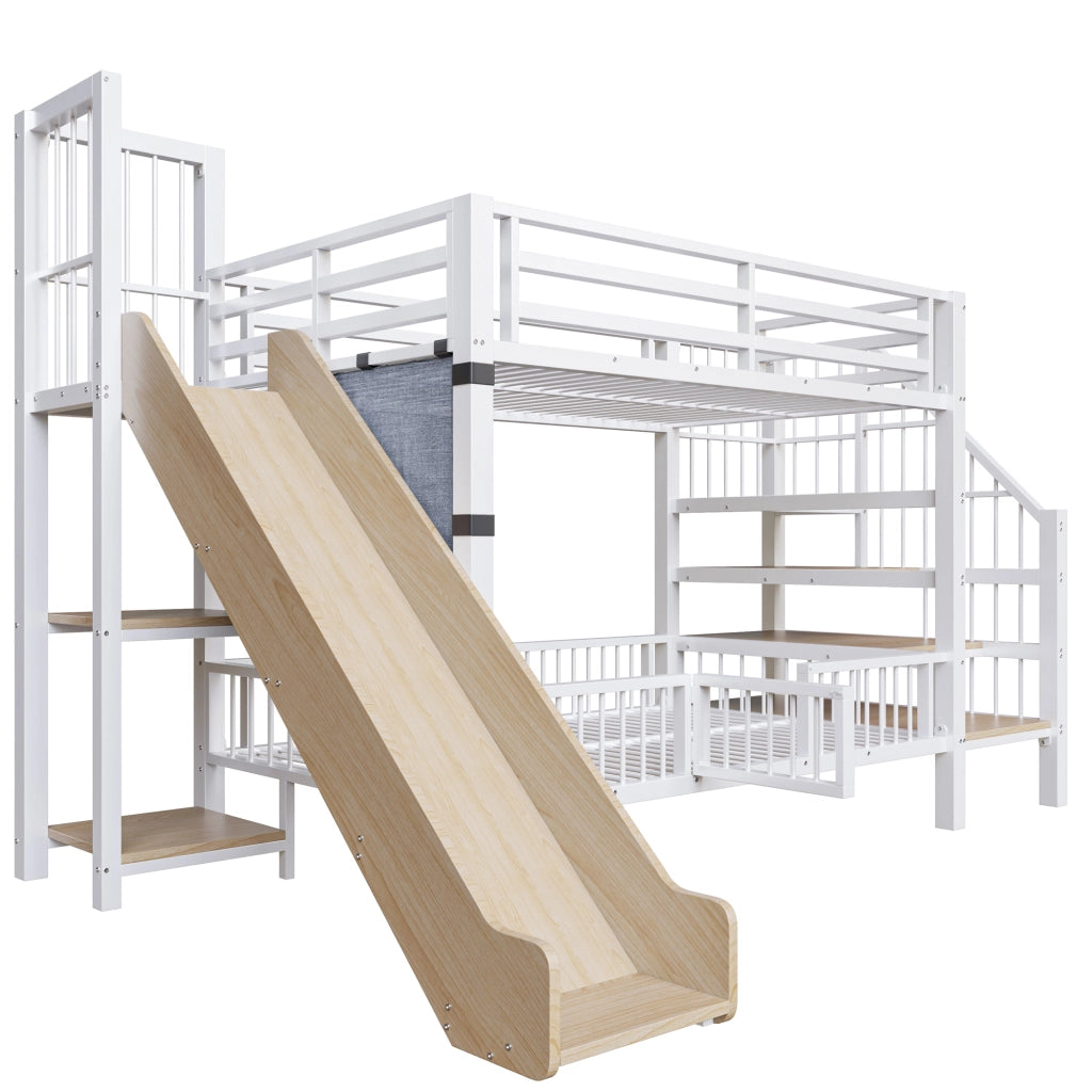 Letto a soppalco per bambini in metallo con scivolo, scala contenitore e ripiani integrati, 90x200 cm, bianco