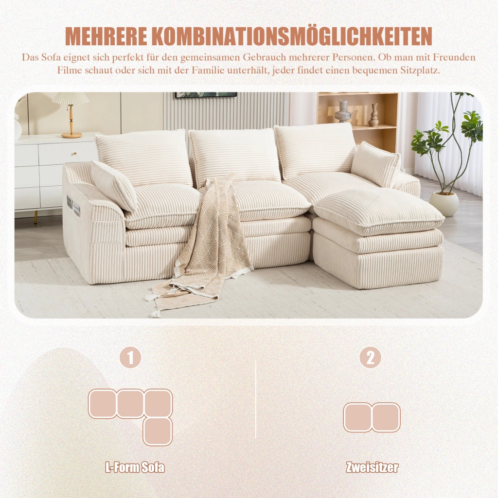 DIVANO Modulare 3 posti con pouf, cuscini e tasche laterali, 263x167x85 cm, Corduroy Beige