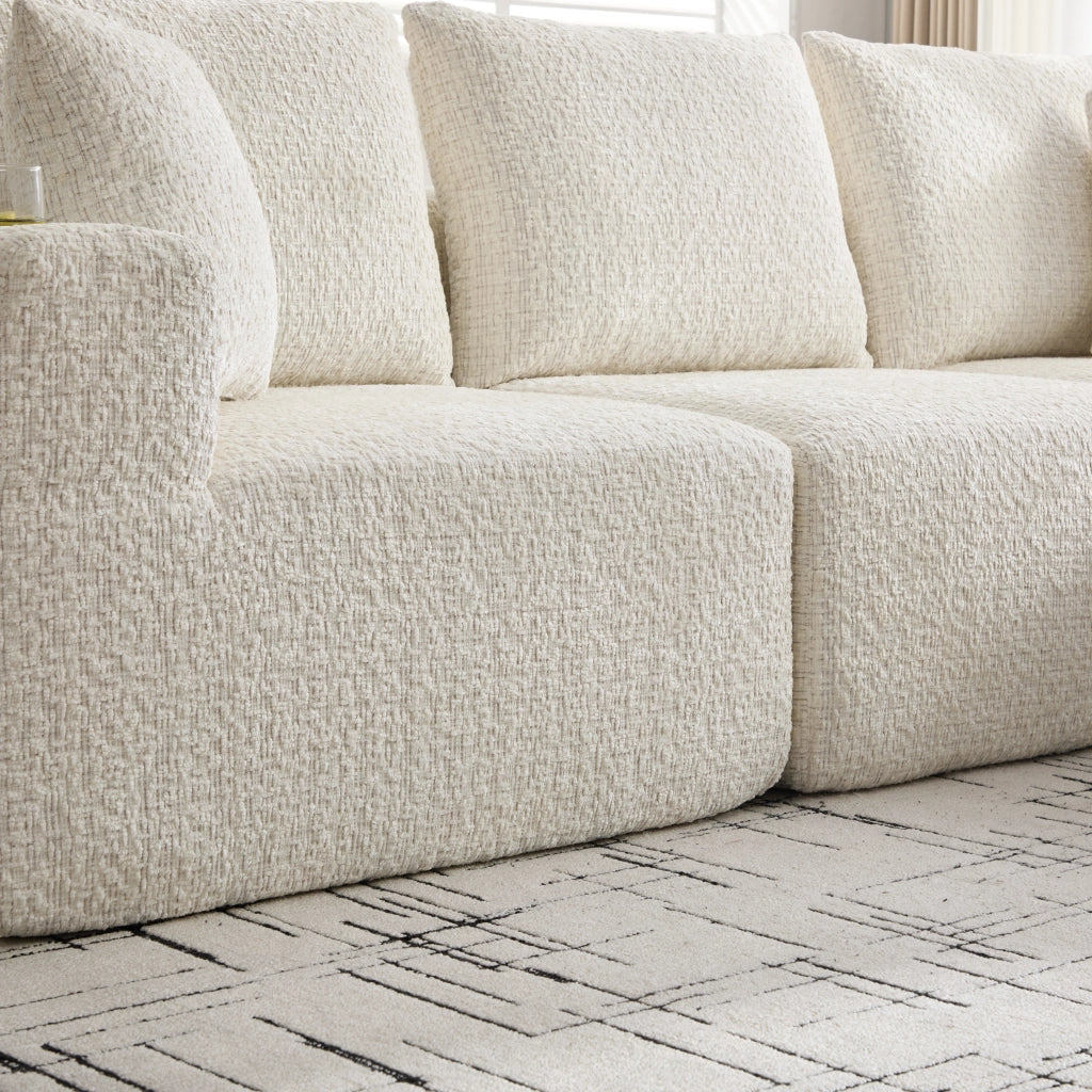 Divano angolare modulare in ciniglia con tasche laterali e seduta ampia, senza montaggio, beige 261 × 165 × 80 cm