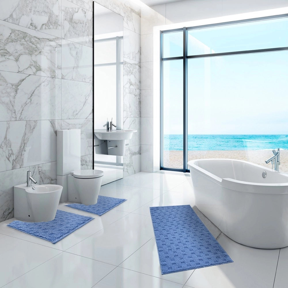 Tappeto Bagno Morbido Assorbente Antiscivolo 3D Intrecciato Lavabile Set 3 Pezzi Azzurro