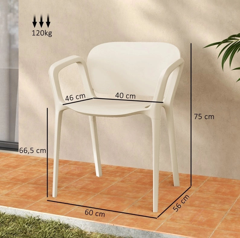 Set di 4 sedie da giardino impilabili con braccioli; 60x56x75 cm; plastica bianca