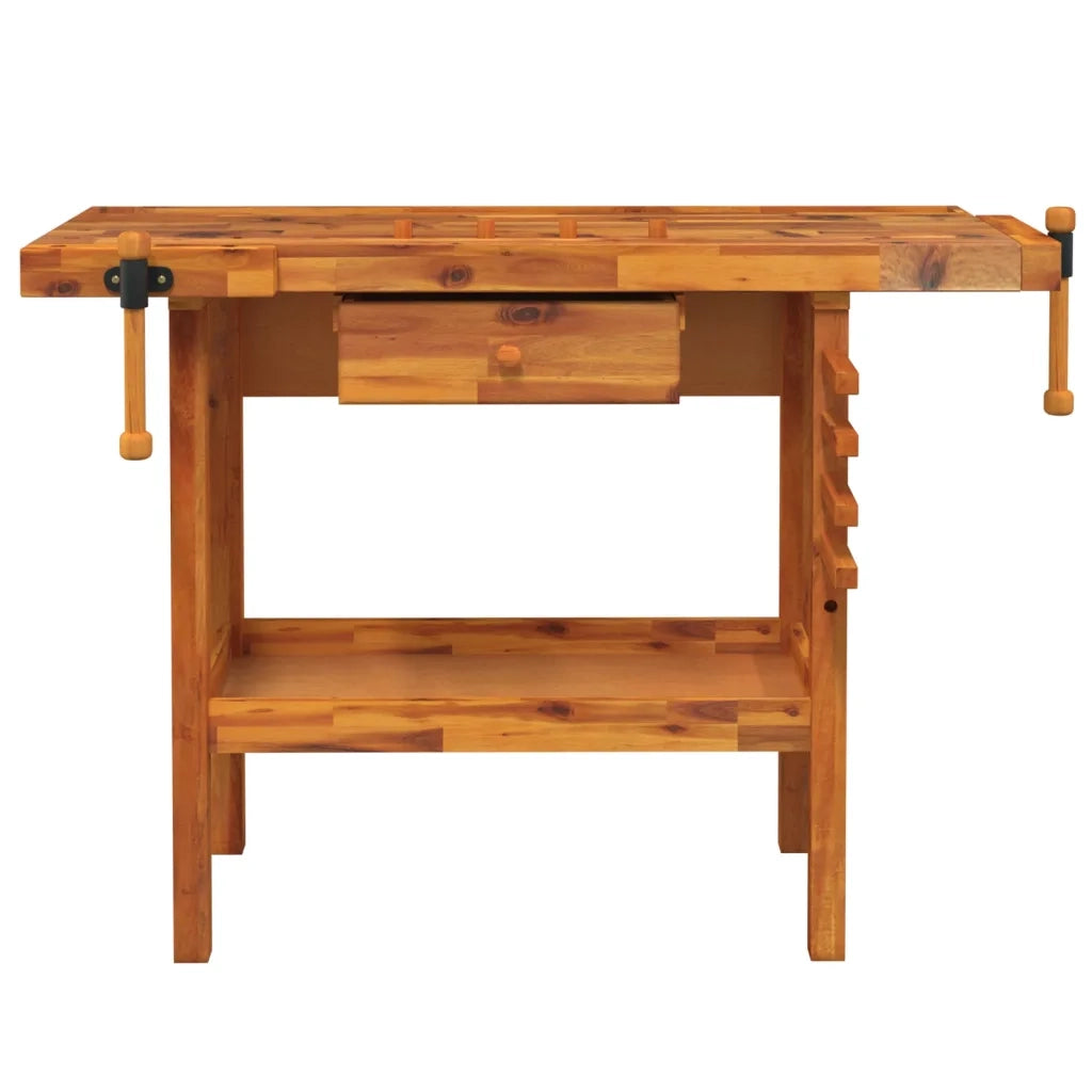 Banco da lavoro con cassetto e morse 124x52x83 cm in legno massello di acacia 153320