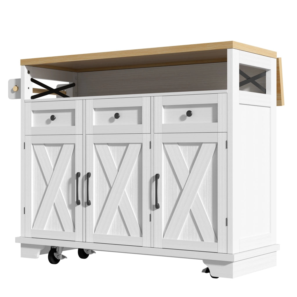 Carrello da cucina con 3 Cassetti; Piano Ribaltabile; Portasciugamani e Ruote; 118 x 43 x 98 cm; Bianco