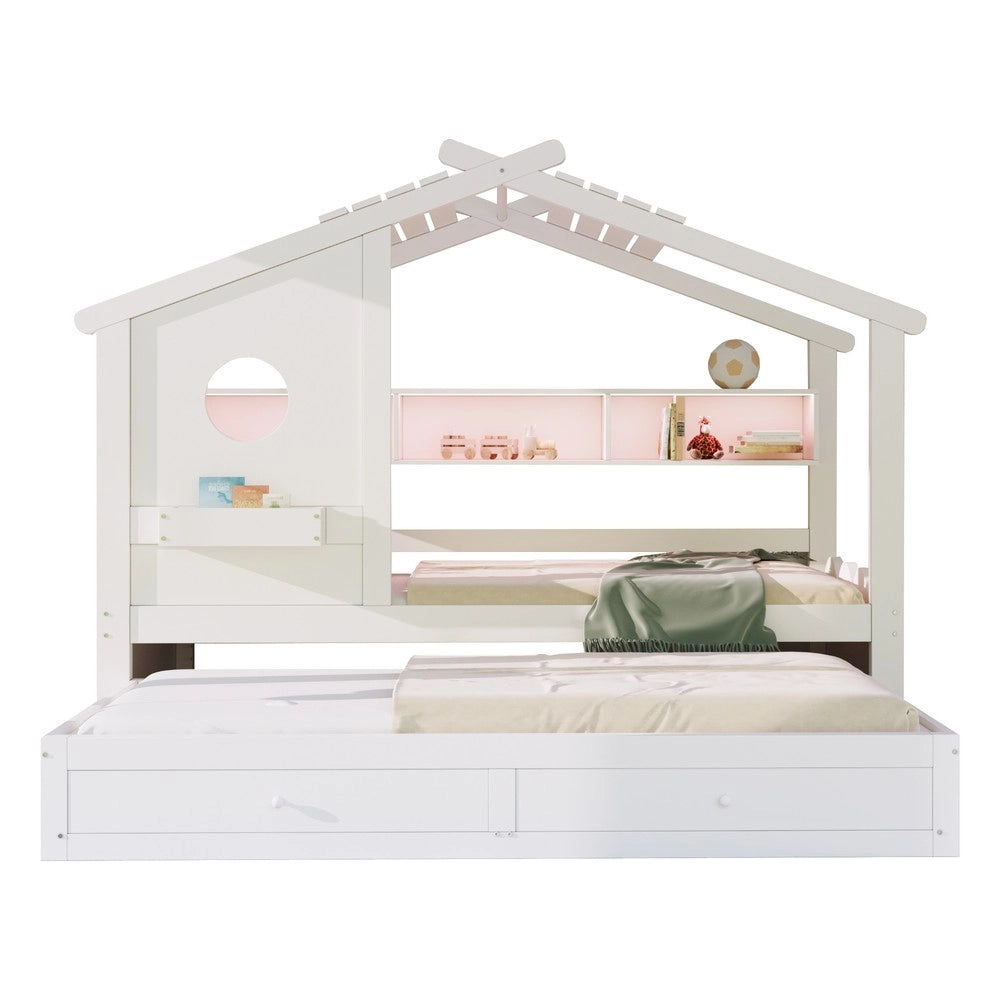 Letto Bambini a Casetta con Letto Estraibile ¨C Xylo ¨C Bianco, LED, USB, Cassetti, 90x200
