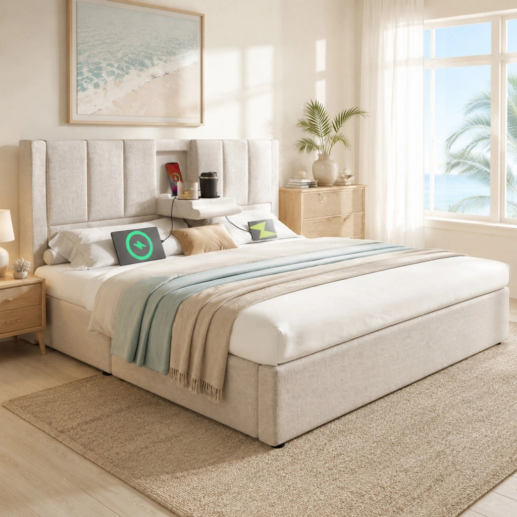 Letto imbottito 140x200 cm con contenitore, presa USB e portabicchieri