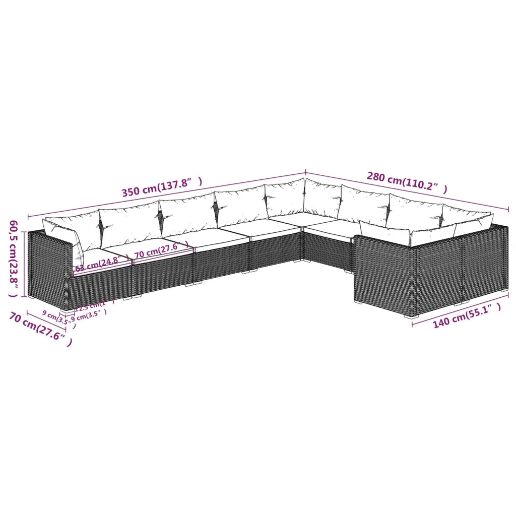 Set Divani da Giardino 9 pz con Cuscini in Polyrattan Grigio 3102765