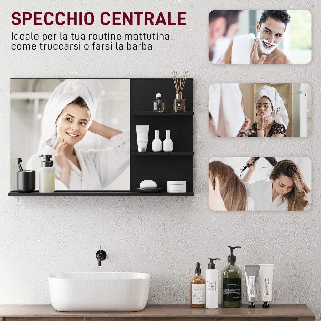 Specchio Bagno da Parete 75x10x48 cm con Mensole in Legno e Vetro Nero