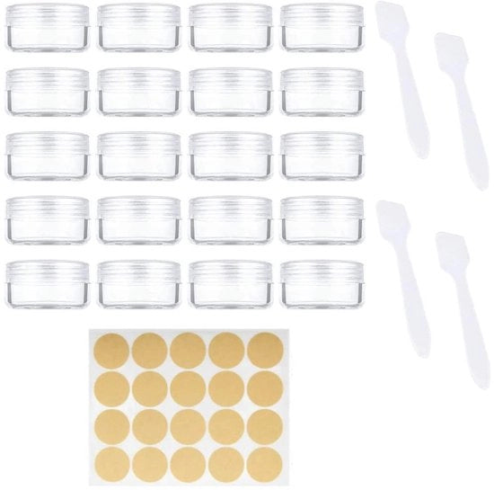 Contenitori per Creme 20 Stuks 10ml - Contenitori per Creme Vuoti con Coperchio - Mini Spatole - Etichette - Materiale Plastico Transparente - Qualità Elevata - Jars Cosmetici