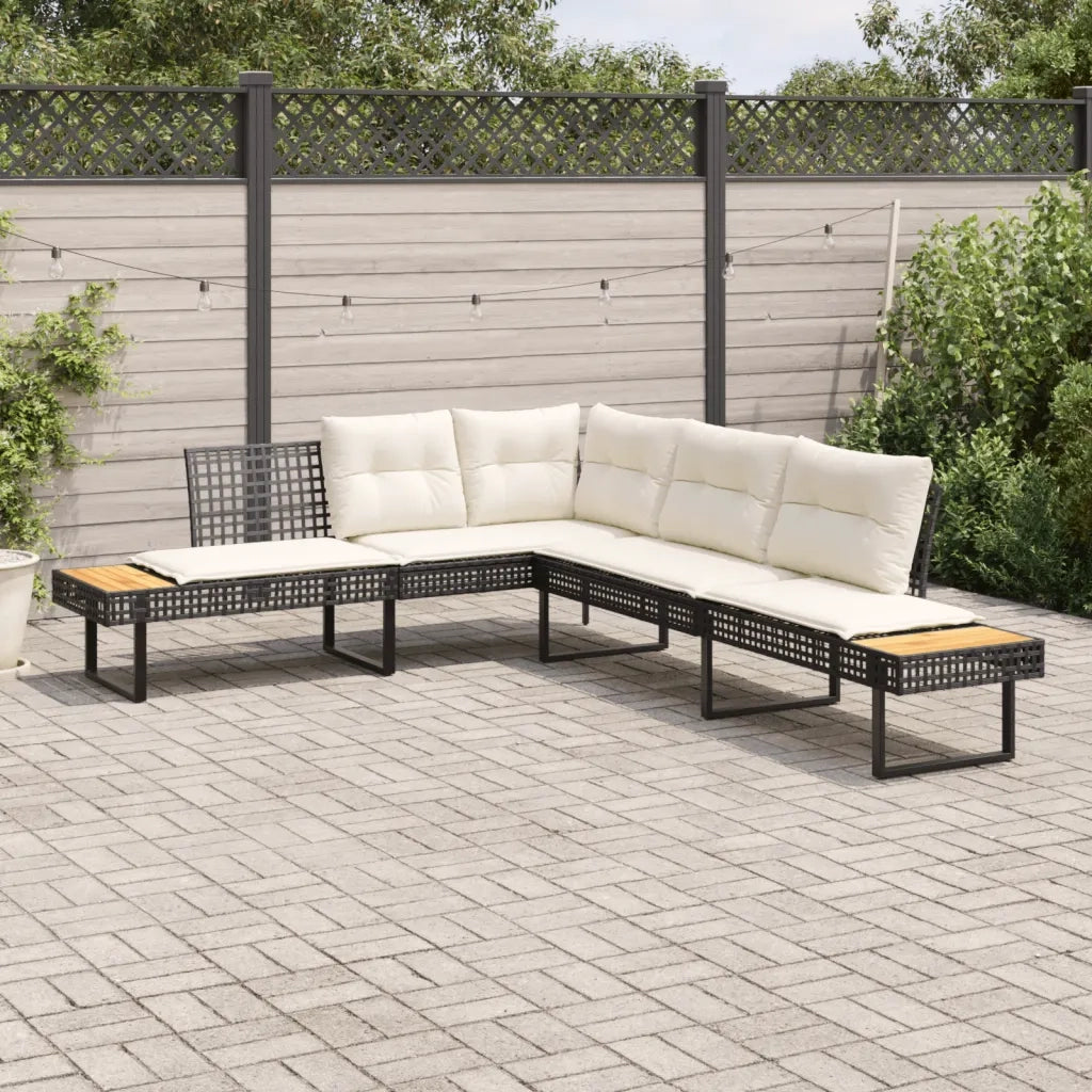 Divano da Giardino con Cuscini a L-Sofa da Giardino-Divano da esterno Nero in Polyrattan e Acacia