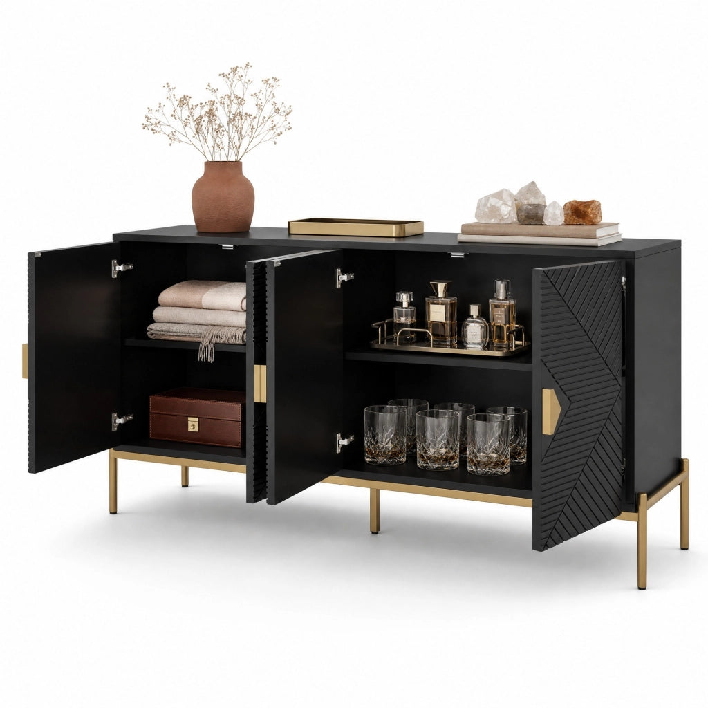 Credenza 162x40x80 cm nera in MDF e pannello truciolare, 4 ante