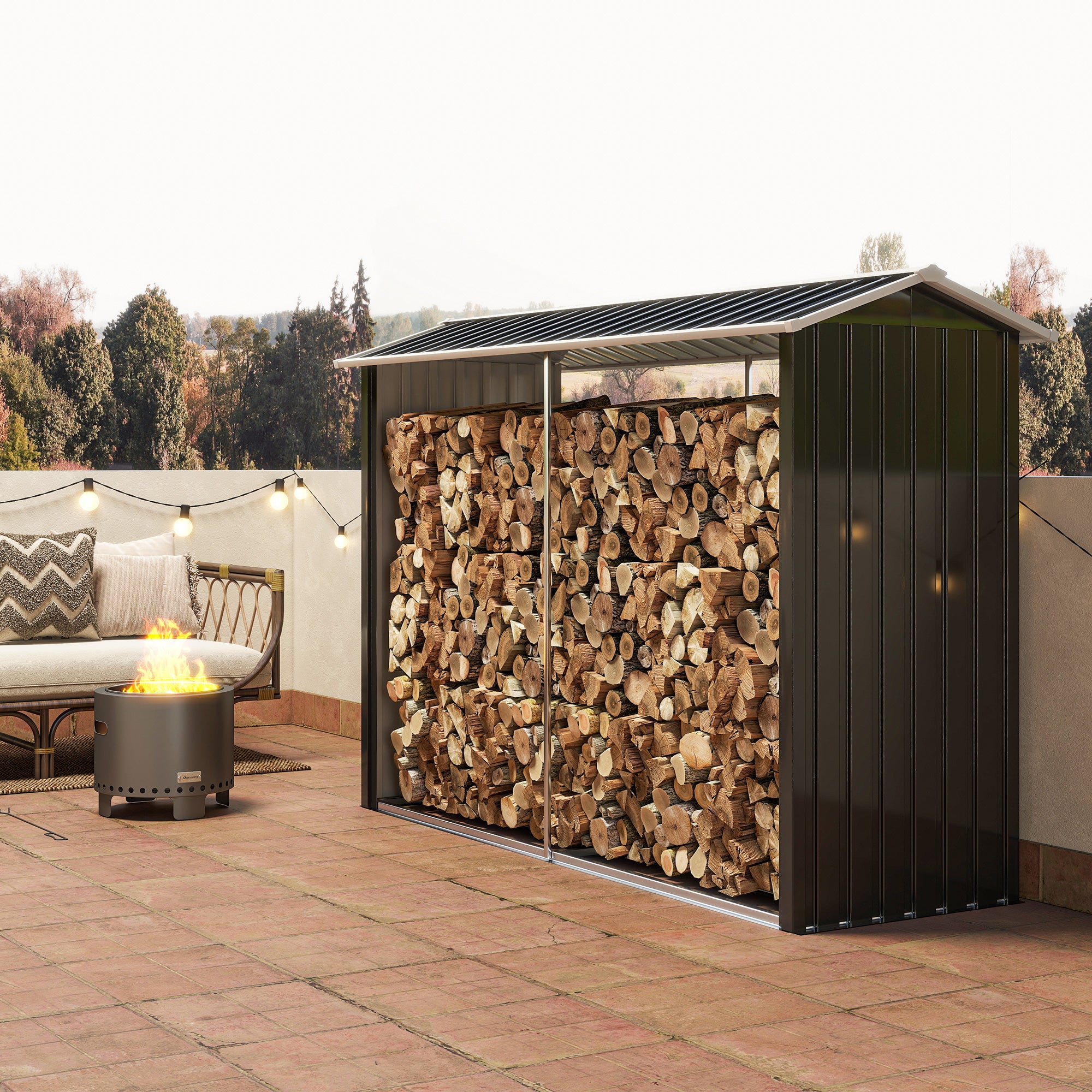 Legnaia con Struttura con Base Rialzata 240x 86x160 cm in Acciaio Galvanizzato Nero