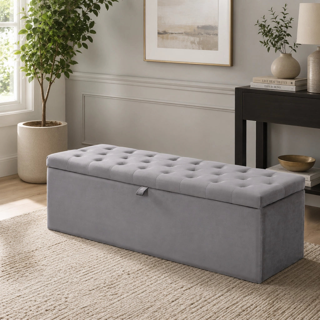 Panca contenitore 138 x 41 x 42 cm con ampio spazio interno in velluto grigio