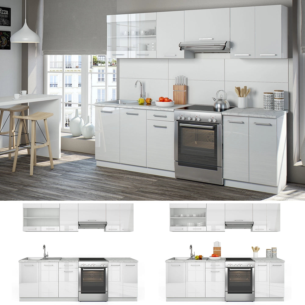 Vicco Mobile da cucina Bianco lucido 240 cm , PL Marmo con striscia LED