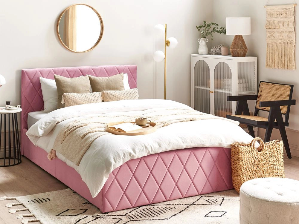 Letto contenitore Rivestimento in velluto rosa 140 x 200 cm con testiera trapuntata a diamante con base a doghe