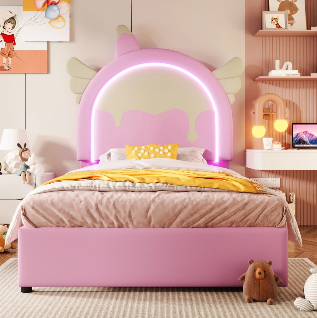 Letto imbottito 90x200 cm con barra LED; 2 cassetti; PU e MDF; rosa