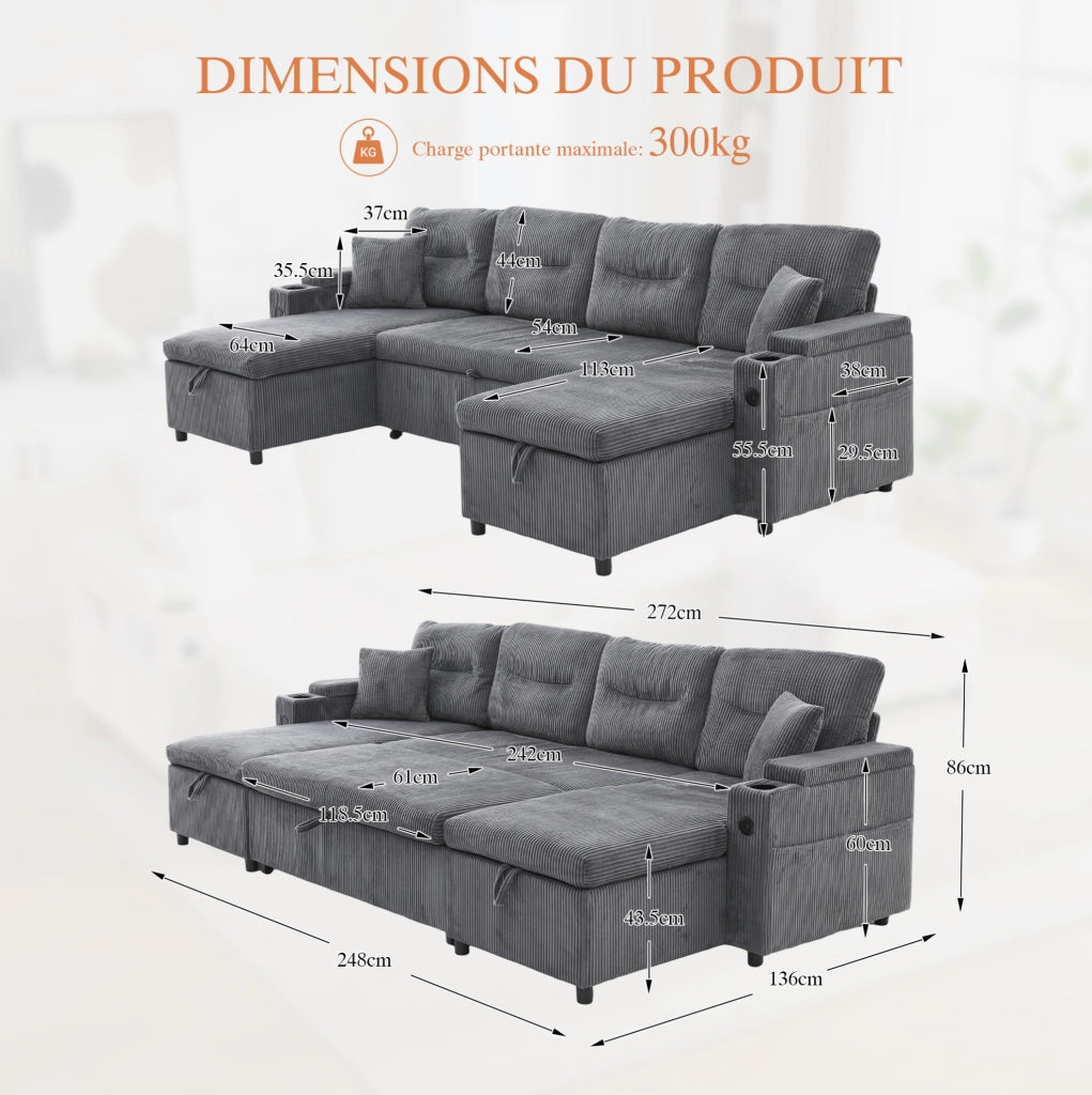 Divano 4 posti con doppia chaise longue; contenitore; portabicchieri e USB-C; 272x136x86 cm; grigio carbone