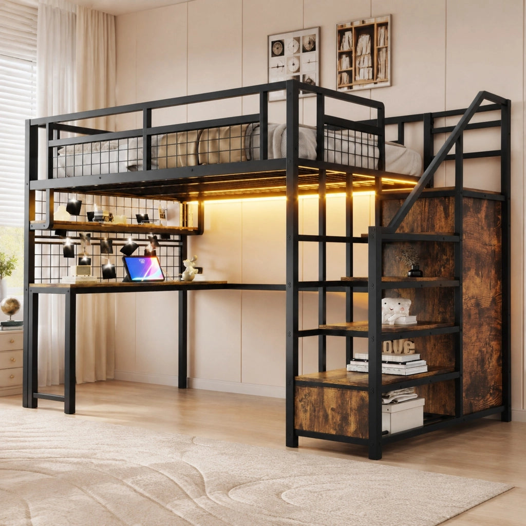 LETTO a soppalco 140x200 cm in metallo nero con scrivania e scala contenitore