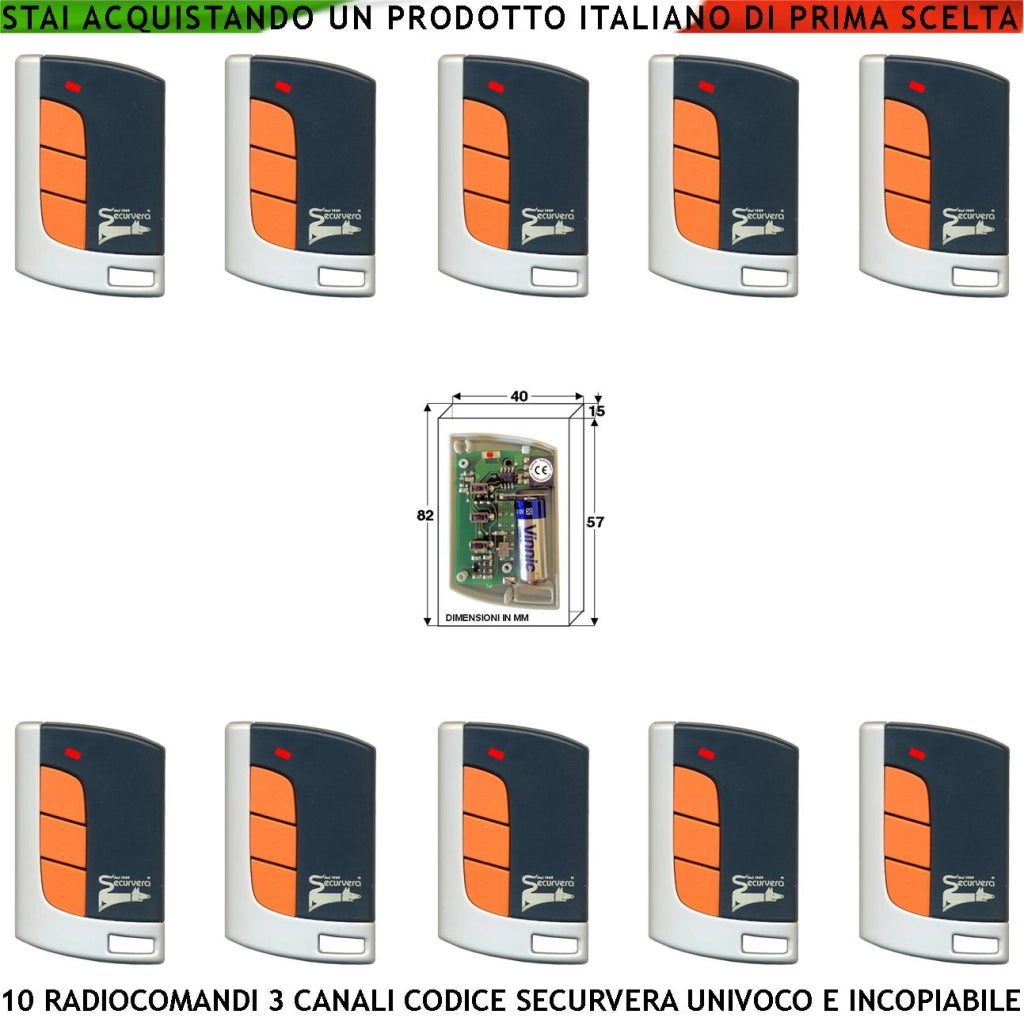 Radiocomando Cancello Automatico Dieci Pezzi Frequenza 433,92 MHz 3 Canali Numerati Potenza 1 mW Portata Libera 60/100 MT Codice Sicurezza Securvera Rolling C. 66 Bit Batteria 12V 23A Contenitore ABS