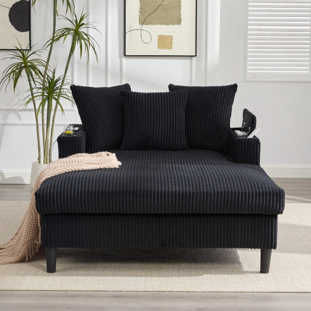 Chaise longue con portabicchieri, luci LED, tasca laterale, vano contenitore e porta USB in velluto a coste nero