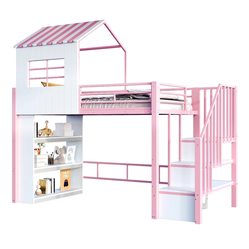 Letto a Soppalco Singolo in Metallo con Scala e Ripiani ¨C Xylo ¨C Rosa 90x200