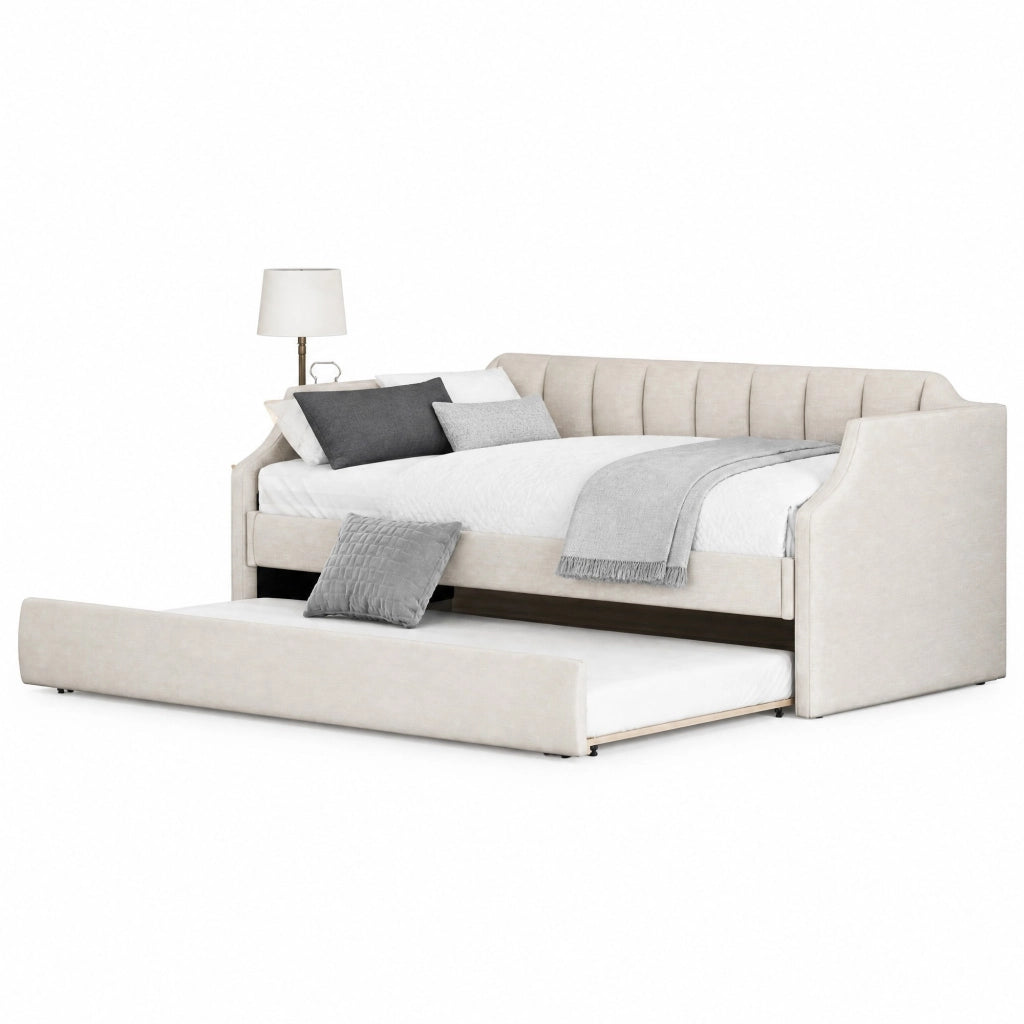 Letto daybed imbottito con letto estraibile, beige, 90 x 200 cm