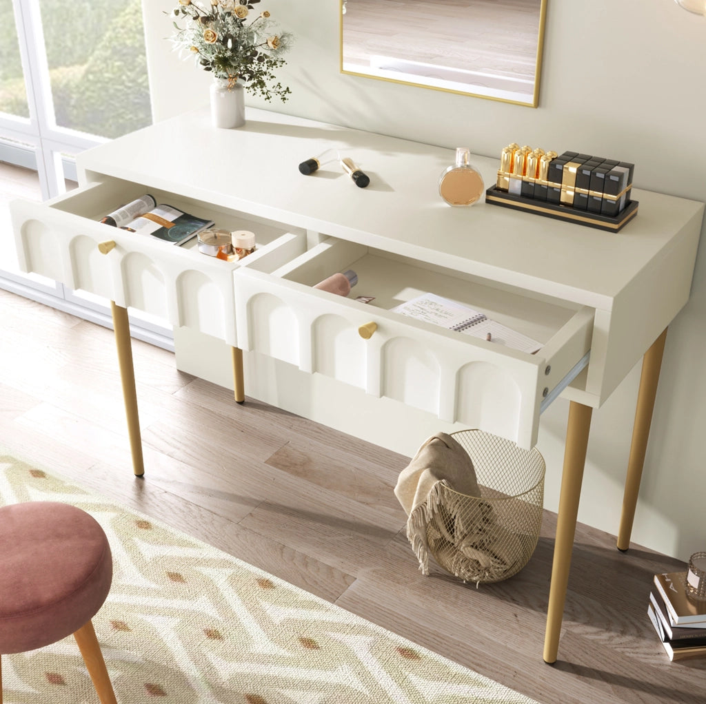 Toeletta con 2 cassetti in crema bianco, 100x45x76,5 cm