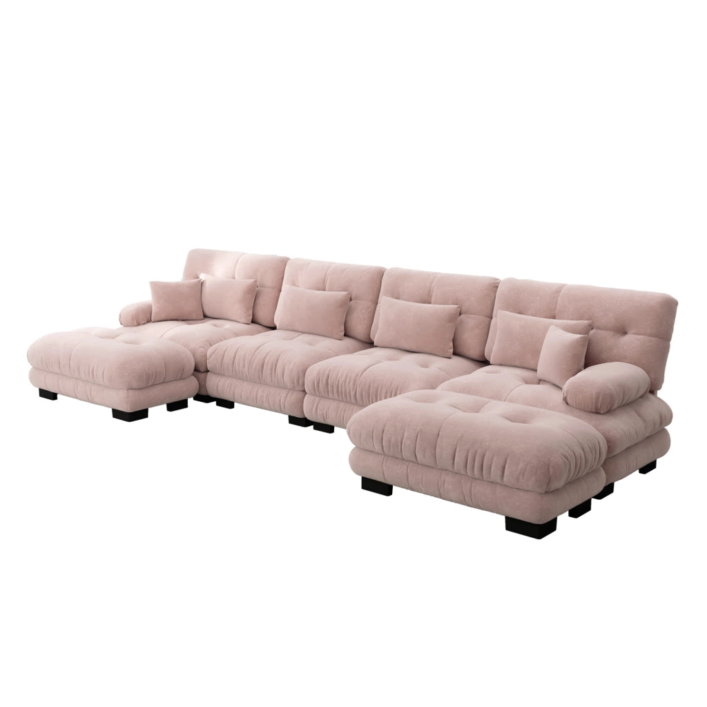 Divano modulare con pouf mobile; 406x145x81 cm; chenille rosa
