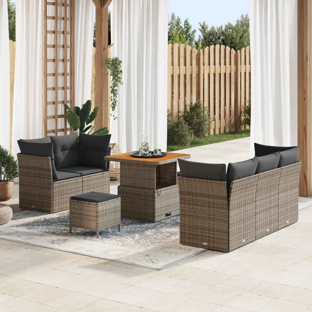 Set Divano da Giardino 8 Pezzi con Cuscini Grigio in Rattan Poly Acacia