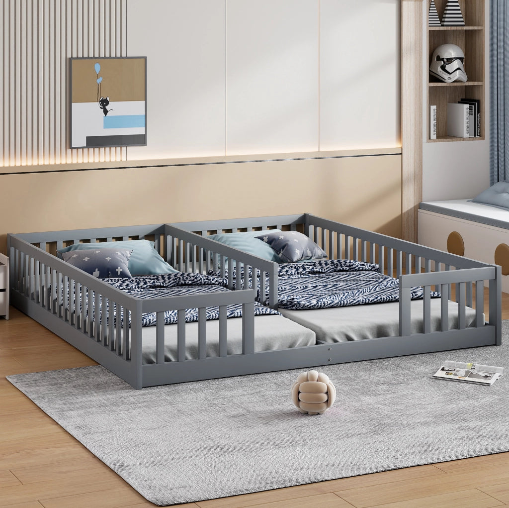 Letto per bambini doppio a pavimento 90×200 cm grigio con rete e sponde