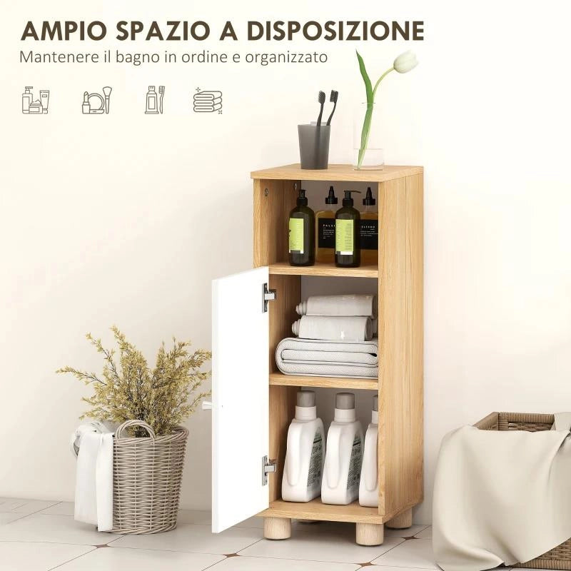 MOBILETTO BAGNO SALVASPAZIO CON ARMADIETTO A 2 RIPIANI E VANO APERTO, 30X30X79.7 CM, BIANCO E LEGNO