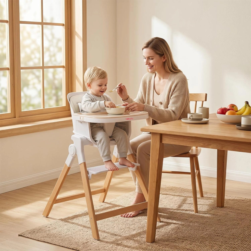 Seggiolone Pappa Pieghevole 4 in 1 con Cuscino di Seduta (Beige) | Seggiolone per Neonati 6-36 Mesi con Vassoi Rimovibili, Portabicchieri, Cintura di Sicurezza e Gambe in Legno