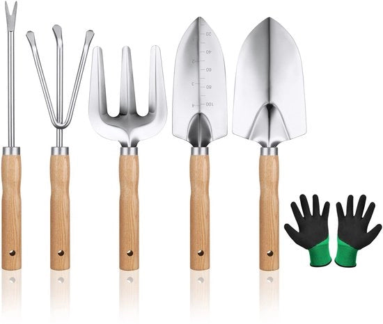 Set di attrezature per giardinaggio, 6 pezzi inclusi paio di guanti, piccola vanga, vanga da giardino, vanga per piante, vanga per piante in vaso, aratro per giardino