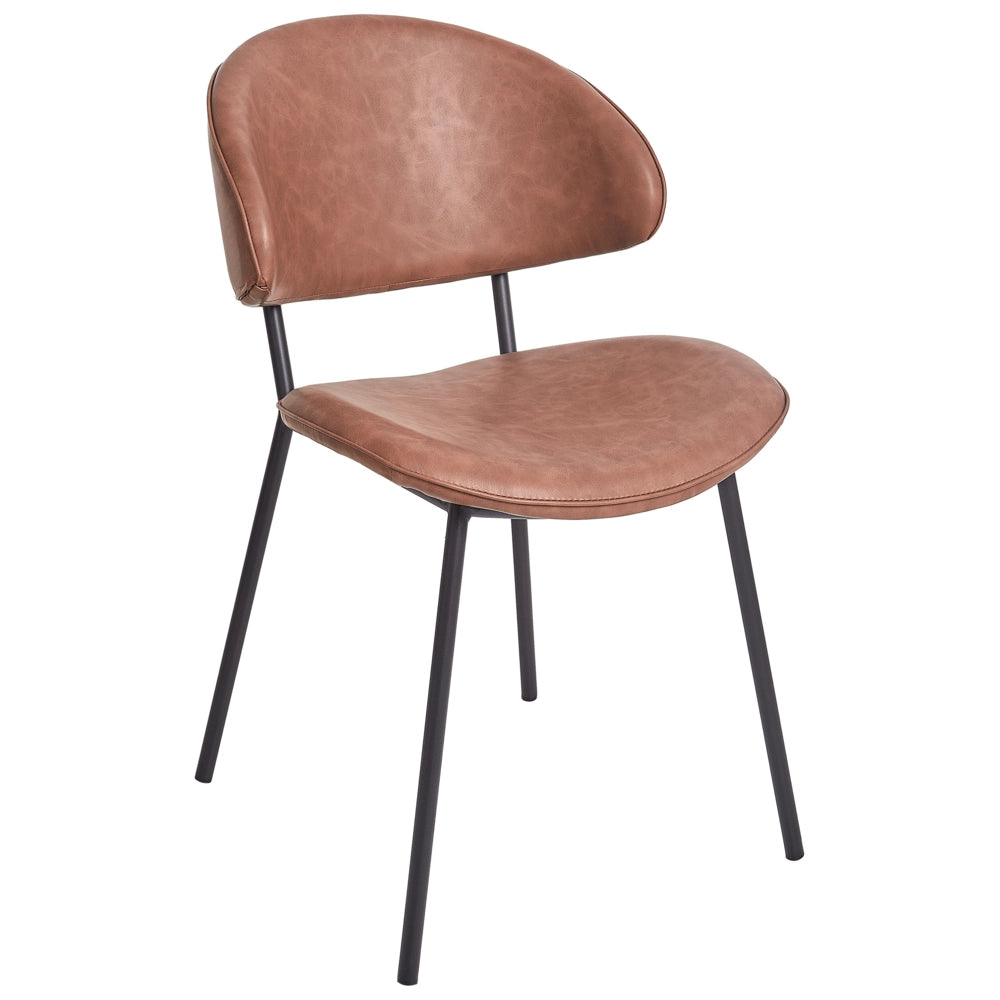 Set di 2 sedie da pranzo Rivestimento in ecopelle marrone Gambe in metallo nero Schienale curvo senza braccioli Design moderno e contemporaneo