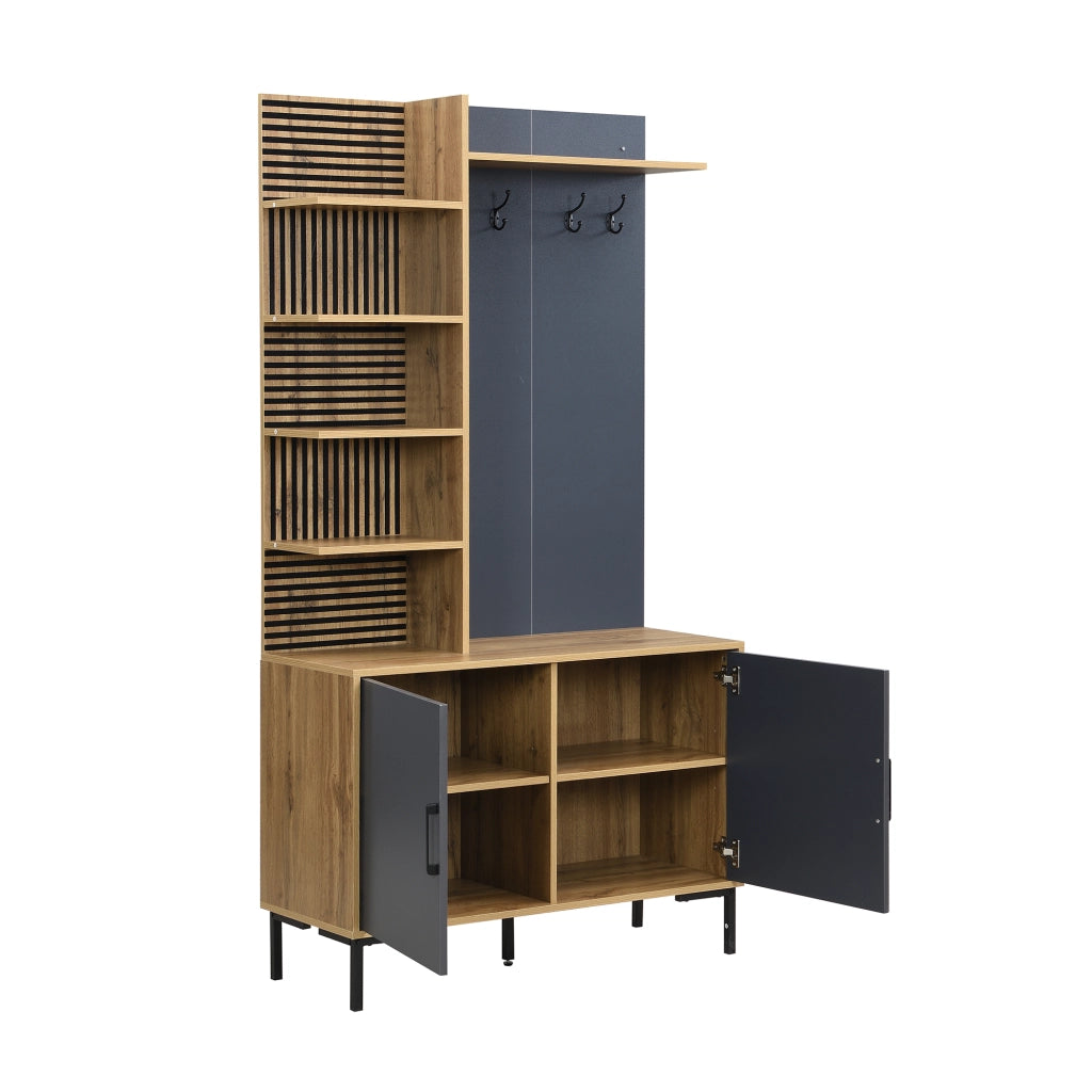 Mobile Ingresso con 4 Ripiani Laterali e Ganci; Ripiano Inferiore Regolabile; Stile Moderno; in Pannello; Naturale; 100??40??190;5 cm