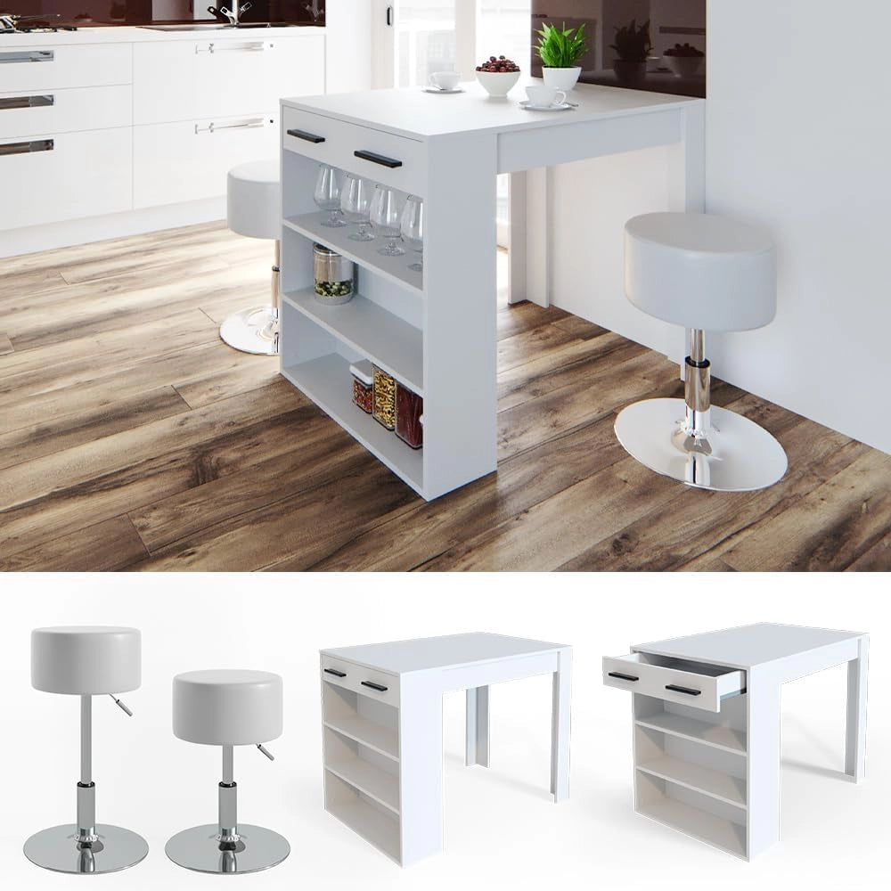 Set tavolo da pranzo Repose, Bianco, 67 x 100 cm con 2 sgabelli, adatto come piano di lavoro o area di appoggio aggiuntiva