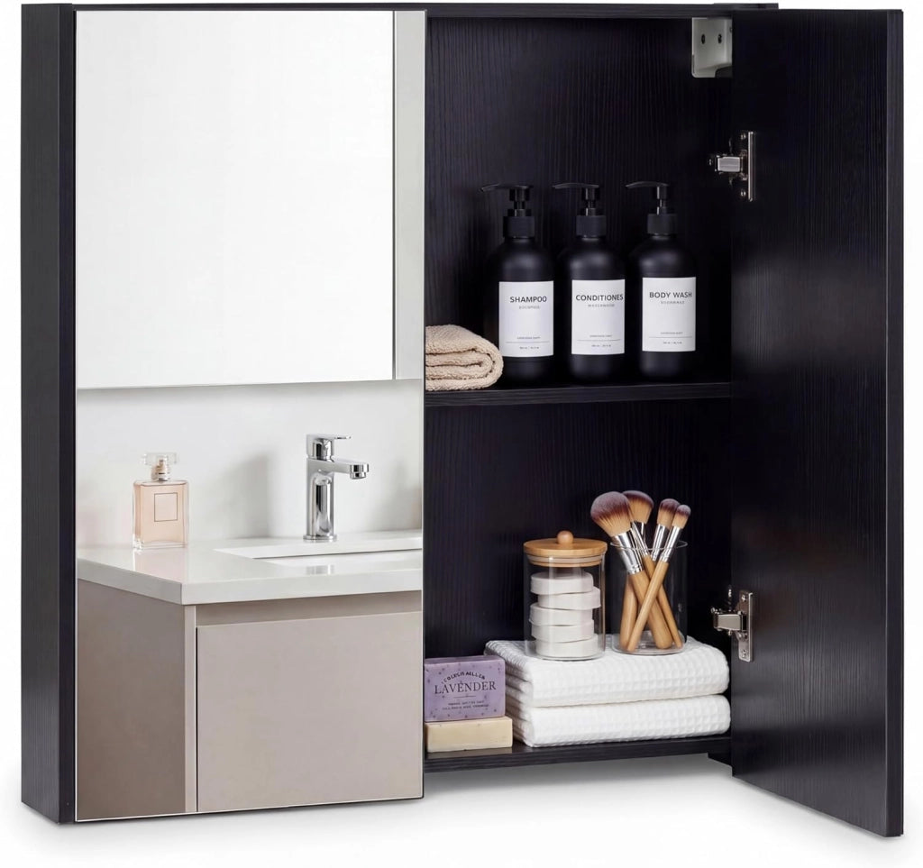 Armadietto da Bagno con Specchio, Mobiletto da Parete in Legno a 2 Livelli, Mobile da Bagno Salvaspazio con Doppia Anta per Camera da Letto, Ingresso e Soggiorno, 62 x 11 x 65 cm (Bianco)