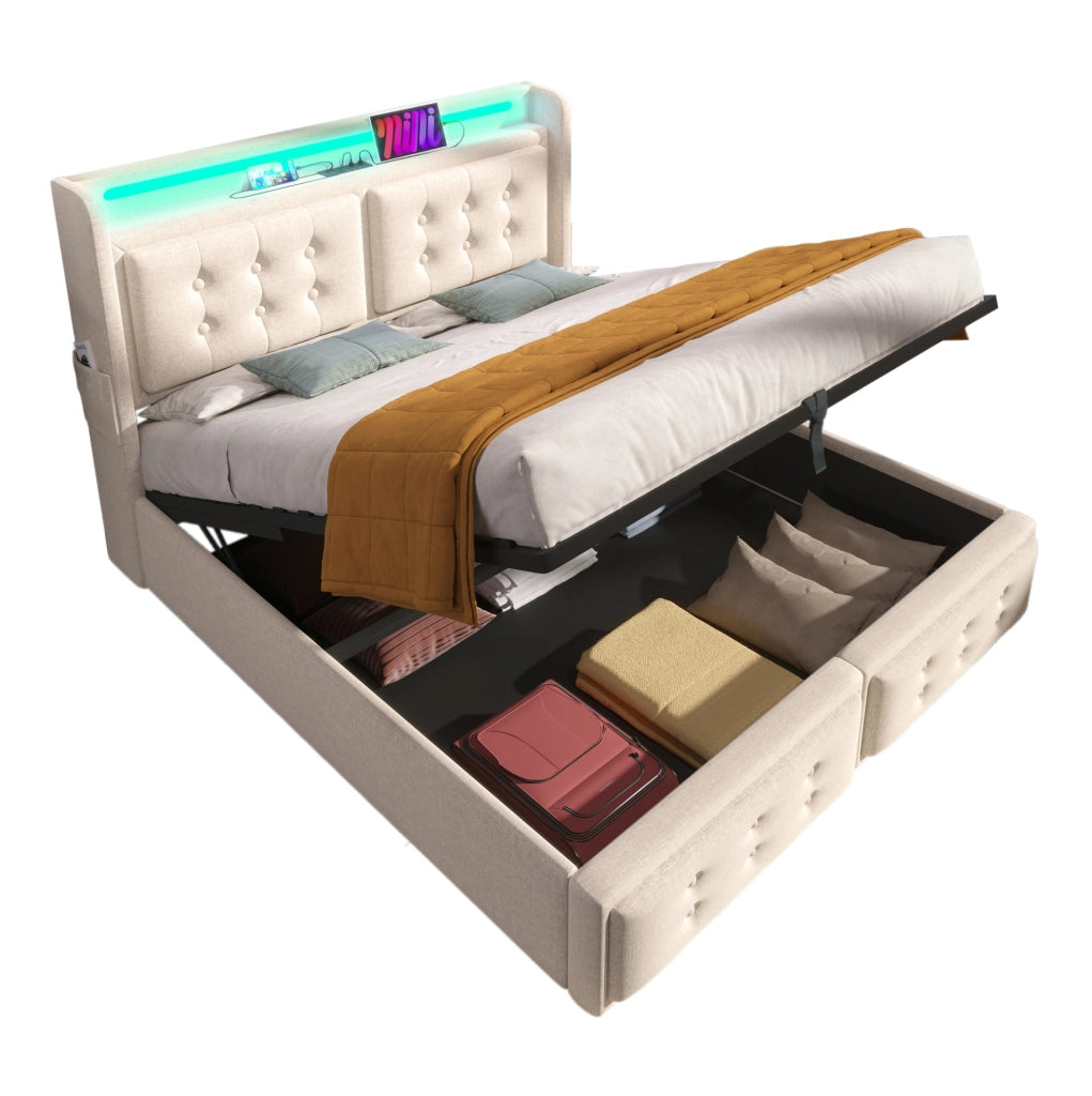 Letto matrimoniale 140x200 cm con contenitore; LED; prese e USB-C; tessuto cotone lino beige