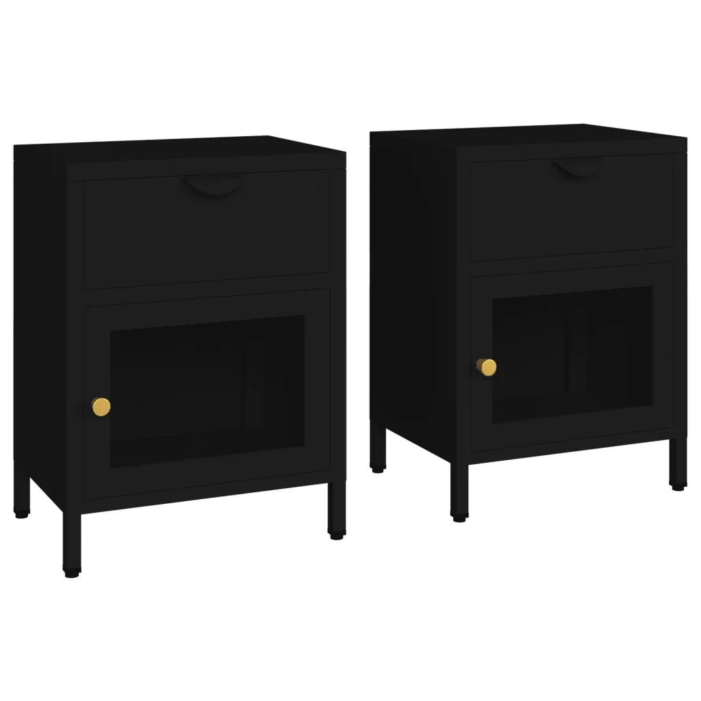 Set di 2 Comodini | Armadio da Notte | Mobiletto da notte Neri 40x30x54,5 cm Acciaio e Vetro