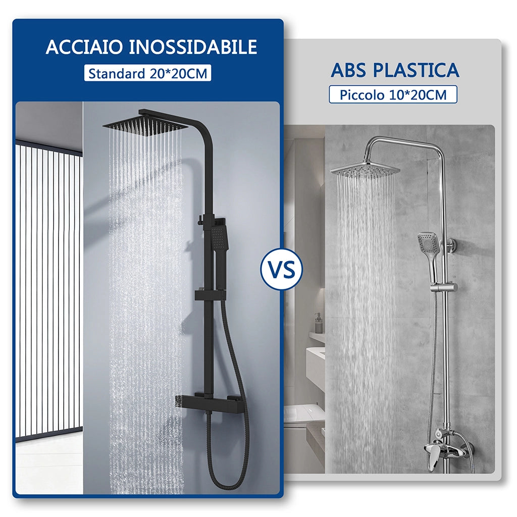 colonna doccia quadrata completo di miscelatore termostatico rettangolo, soffione quadrato 20x20cm, nero