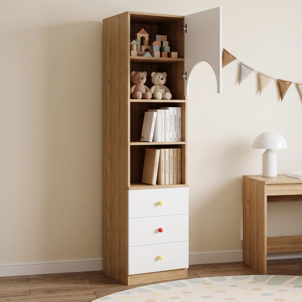 Libreria alta bianca e effetto legno con tre cassetti e tre ripiani in MDF