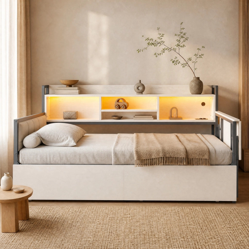 Letto multifunzione singolo 90x200 cm in metallo con LED; scrivania e cassetti; bianco