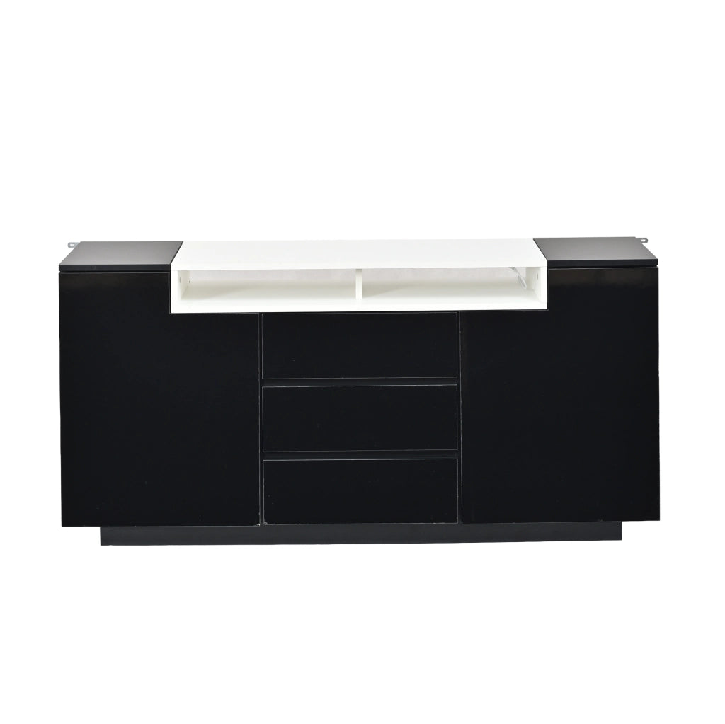 Credenza ULEVR 140x40x68 cm con 2 ante, 3 cassetti, ripiani semiaperti e LED, nero lucido