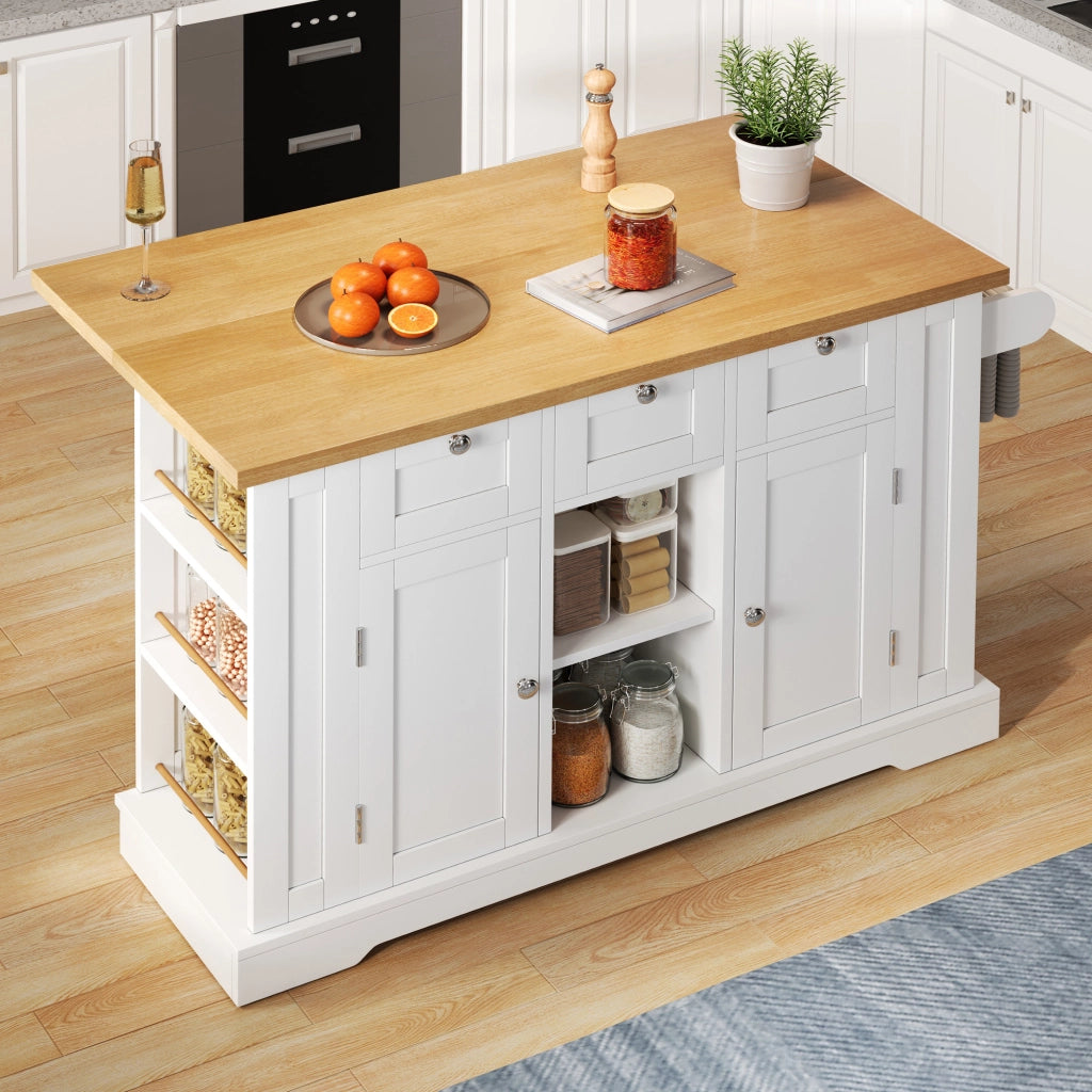 Carrello da Cucina con 3 Cassetti; 2 Ante; Piano Pieghevole; Presa e USB; 5 Ruote; in MDF; Bianco Naturale