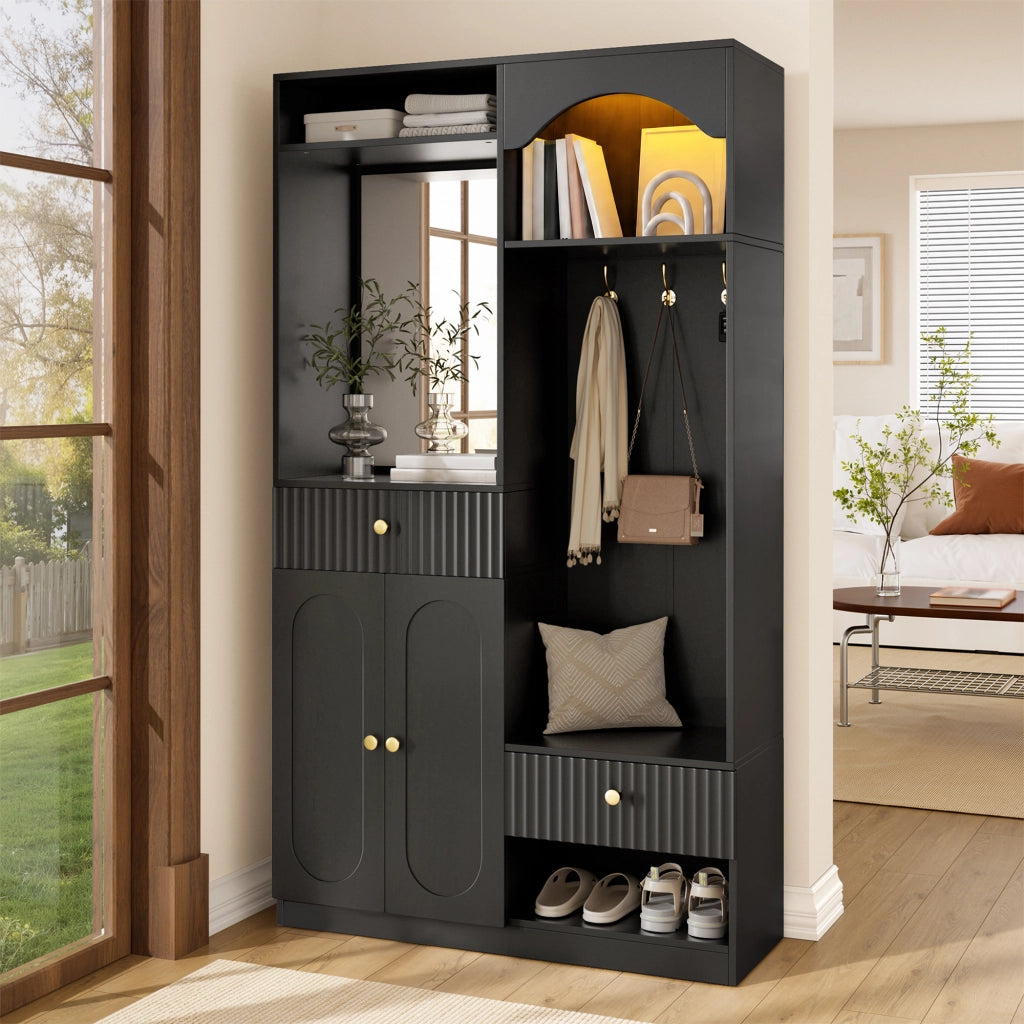 Guardaroba da ingresso con specchio; panca; ganci; vani e LED multicolore; in MDF nero; 100 Ã— 35 Ã— 180 cm